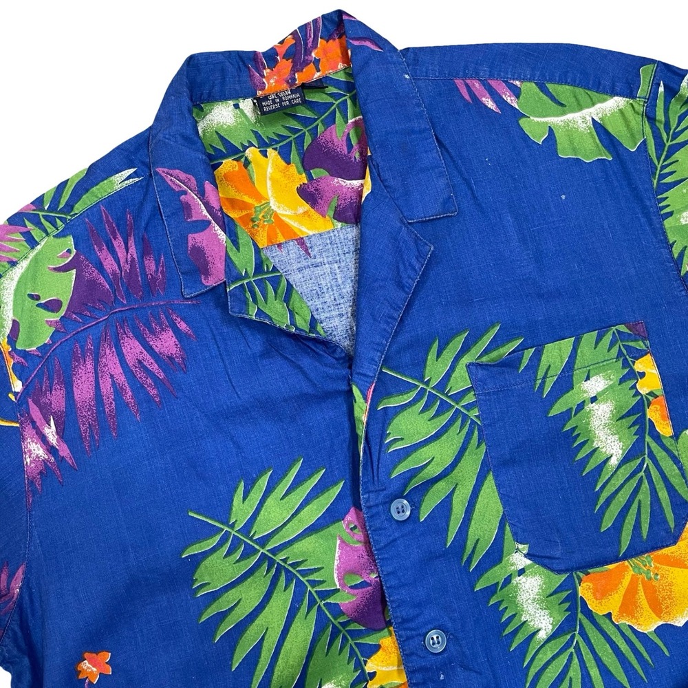 Vintage Pierre‎ Bonee Button Up Blue Hawaiian Shirt L Aloha Tropical 80s Rayon